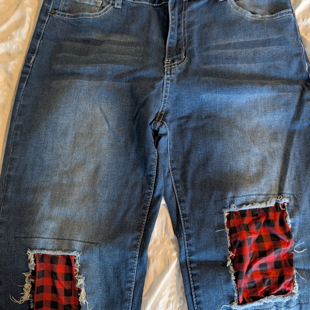 L&B Blue Distressed Capris with Red Plaid Accents
